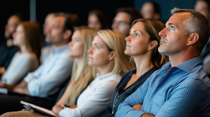 Obraz premium Engaged audience listening intently to a professional speaker during a business presentation