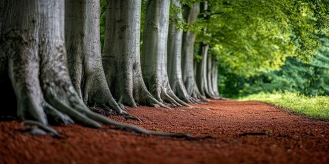 Close-up of majestic tree trunks forming a natural pathway covered in warm orange leaves in a lush green forest