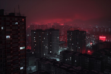 Obraz premium A nighttime cityscape featuring tall apartment buildings illuminated by red and white lights. The scene is shrouded in fog, creating a moody and atmospheric effect. 
