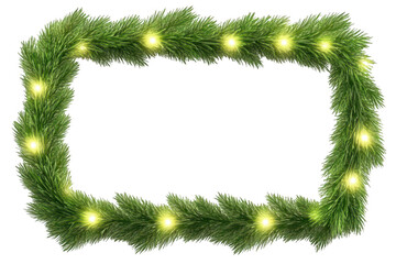 Top view, festive green garland with twinkling lights frame isolate on transparent background, cutout, png