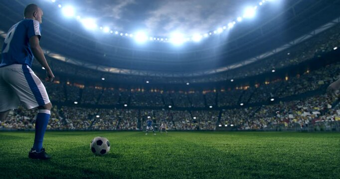 One football player kicks a ball  while other tries to interfere. Professional football stadium on the background. Stadium is 3d-made.