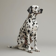 A black and white dog with white spots sits on a grey surface