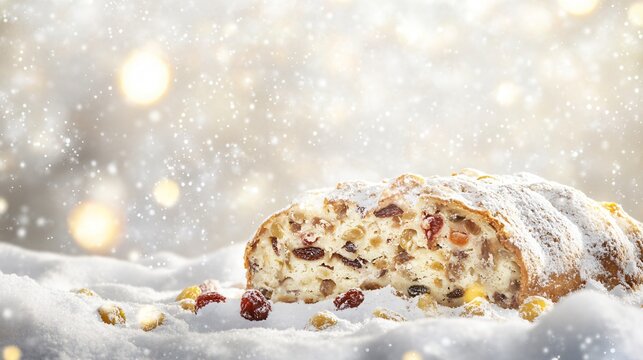Traditional Stollen with a mix of dried fruits inside, isolated on a snowy white background with twinkling lights
