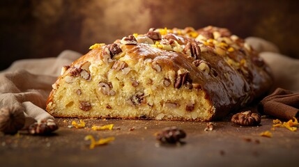 Warm, golden Stollen with orange zest and nuts, isolated on a rich brown background with holiday decorations