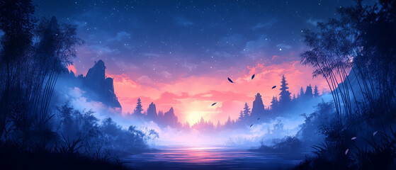 For&ecirc;t de bambou dans la nuit en digital art pour &eacute;cran panoramique