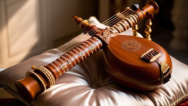 A traditional Indian musical instrument, the sarod, rests on a luxurious silk cushion, bathed in soft sunlight.