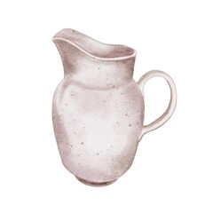 Rustic light milk jug, flower vase or water carafe on white. Watercolor illustration of farm elements in kids style. 