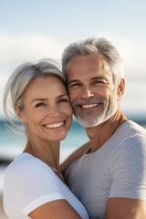 Obraz premium An older couple with gray hair takes a selfie on the beach, showing off perfect teeth, ideal for dental company advertising.