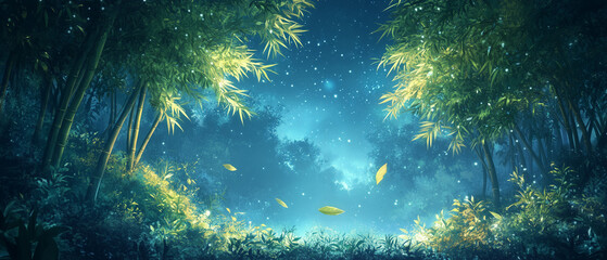 Fototapeta premium Forêt de bambou dans la nuit en digital art pour écran panoramique