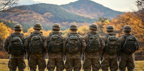 Army soldiers in formation with mountain backdrop in autumn