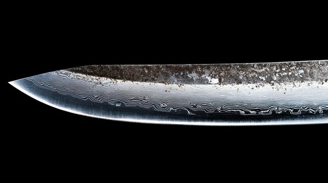 Close-up of a Damascus Steel Knife Blade with a Distinctive Pattern