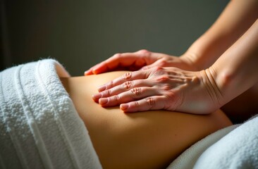 Naklejka premium Close-up of Massage Therapist's Hands on Client's Back. A Professional Massage Therapist Performing a Relaxing Shoulder Massage on a Client. Spa and Recovery concept