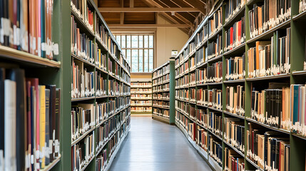 Rows of bookshelves lined with books in a library.