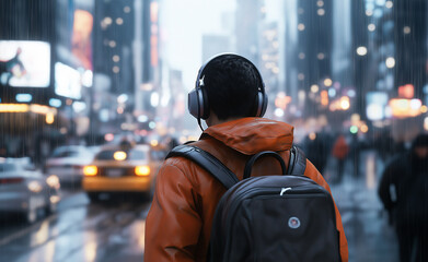 Fototapeta premium Young Man Listening to Music with Headphones in Busy Urban Setting