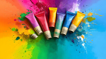 Obraz premium Six colorful paint tubes on a rainbow background.