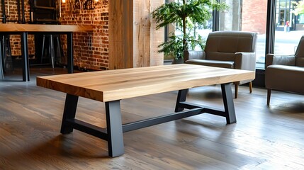 Fototapeta premium Modern lounge with industrial decor featuring a natural wood coffee table, leather chairs, exposed brick walls, and warm lighting accents.
