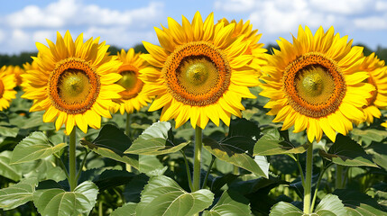 Obraz premium Three sunflowers in a field with a blue sky and clouds.