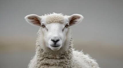 A sheep is looking at the camera with its eyes wide open