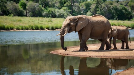 Elephants walking by the lake
