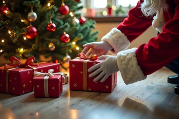 Santa Claus’s hand placing a gift under a Christmas tree, with beautifully wrapped presents and ribbons. Soft indoor lighting and festive holiday decorations create a warm, cheerful atmosphere.