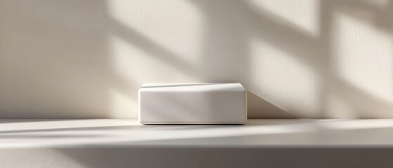 Minimalist mockup of a white rectangular box, placed on a white background with soft lighting, ideal for product presentation