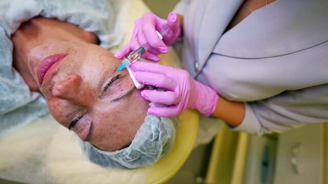 Injection rejuvenation procedure, the woman's skin is carefully supported by a cotton pad, a doctor in pink gloves performs precise manipulations.