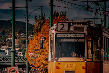 Obraz premium Yellow tram in Budapest during autumn walk
