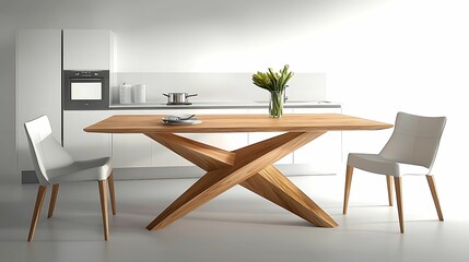 Contemporary kitchen featuring a unique wooden dining table with geometric legs, paired with white chairs and minimalist decor elements.
