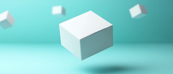 Fototapeta premium Realistic white box floating on a pastel blue background, smooth edges, photorealistic lighting, modern packaging style