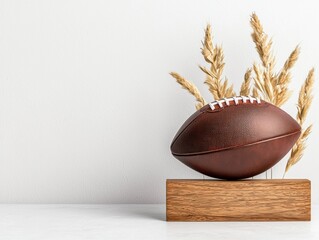A decorative football mounted on a wooden base with dried grass accents, creating a rustic sports-themed centerpiece.