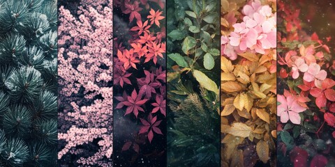 Colorful arrangement of seasonal leaves and flowers, showcasing nature's changing colors through the year