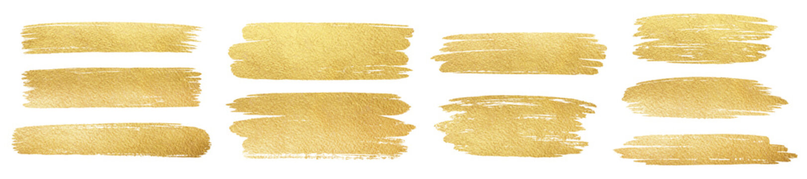 Golden foil paint brush strokes, brushstroke shapes, smears, wide rough uneven stains set. Hand drawn creative textured text backgrounds, gold painted graphic design elements. Frame, banner templates.