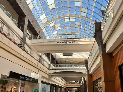 Tysons, Virginia - November 2, 2024: Looking up at the Food Court area of the Tysons Corner Center mall