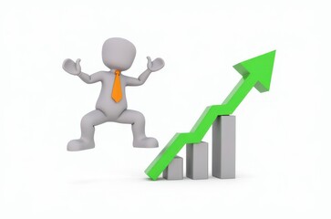 3d man red arrow success chart on white background.