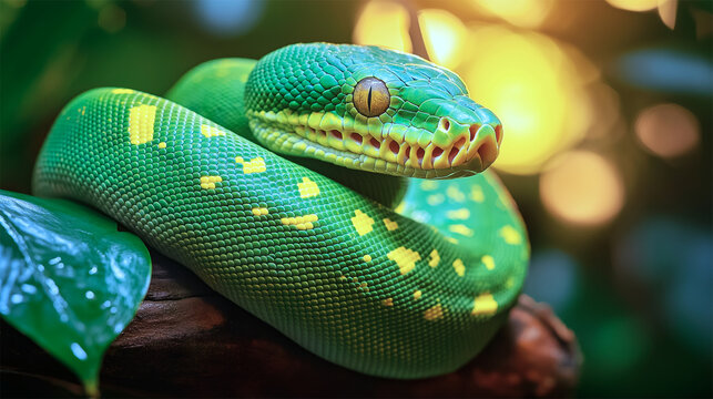 Vibrant green tree python coiled on branch, vivid scales with bokeh forest light
