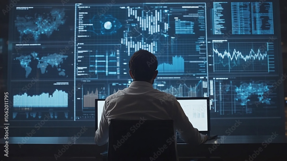 Fototapete A businessman sits at his desk in front of a large screen displaying data visualizations, working on a project.