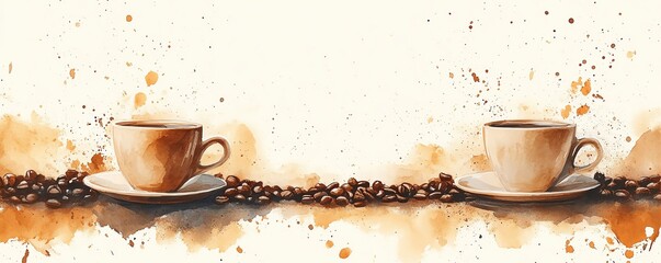 Elegant watercolor artwork featuring coffee cups with splashes and coffee beans, textured paper background, showcasing a coffee shop vibe