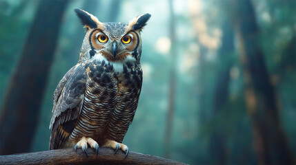 Great horned owl perched on branch, piercing eyes and misty forest background
