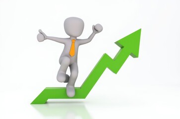 3d man red arrow success chart on white background.