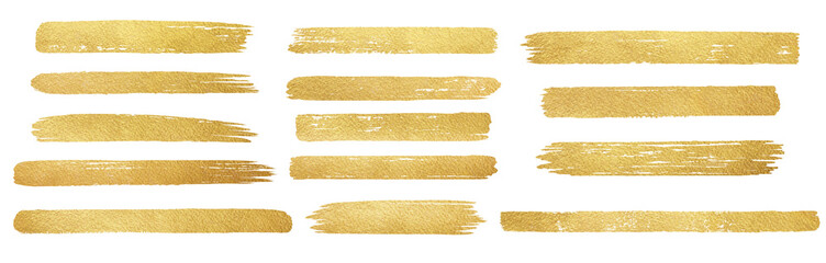Golden foil paint brush stripes, brushstroke shapes, smears, rough uneven stains strokes set. Hand drawn textured text backgrounds, dividers, gold painted graphic elements. Frame, banner templates.