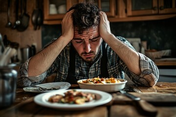 A man sitting at a dining table shows deep frustration and anxiety while staring at an unfinished meal. His expression reveals inner turmoil and contemplation. Generative AI