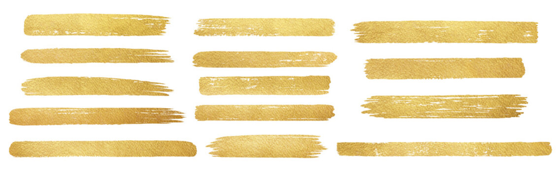 Golden foil paint brush stripes, brushstroke shapes, smears, rough uneven stains strokes set. Hand drawn textured text backgrounds, dividers, gold painted graphic elements. Frame, banner templates.