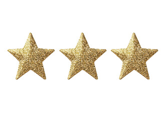 Three gold stars isolate on transparent background, cutout, png