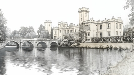 Obraz premium A grand castle with a stone bridge spanning a tranquil river, surrounded by lush greenery and misty air.