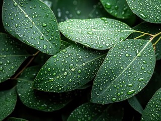 Fototapeta premium Macro of eucalyptus leaf with water droplets, high clarity, rich greens, refreshing and natural perspective