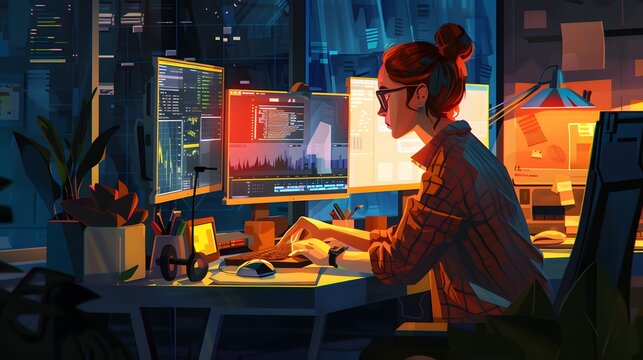 Female Developer Working on Computer in Futuristic City Nightscape