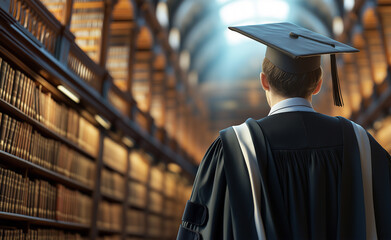 Graduate in cap and gown standing before a large library bookshelf, symbolizing knowledge and achievement.