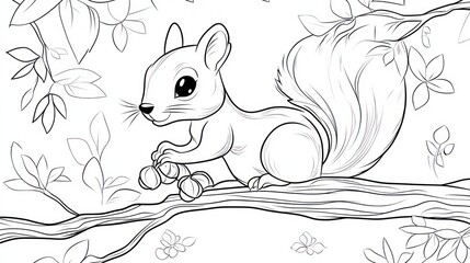 A Cartoon Squirrel Holding Nuts on a Branch with Leaves. Coloring book illustration.