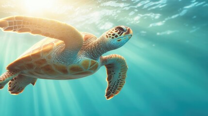 Fototapeta premium A turtle swimming in the ocean with the sun shining on it. The turtle is surrounded by sunlight, creating a warm and peaceful atmosphere