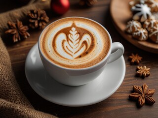 cup of coffee with cinnamon and anise, mug of latte on a table, hot drink winter christmas
